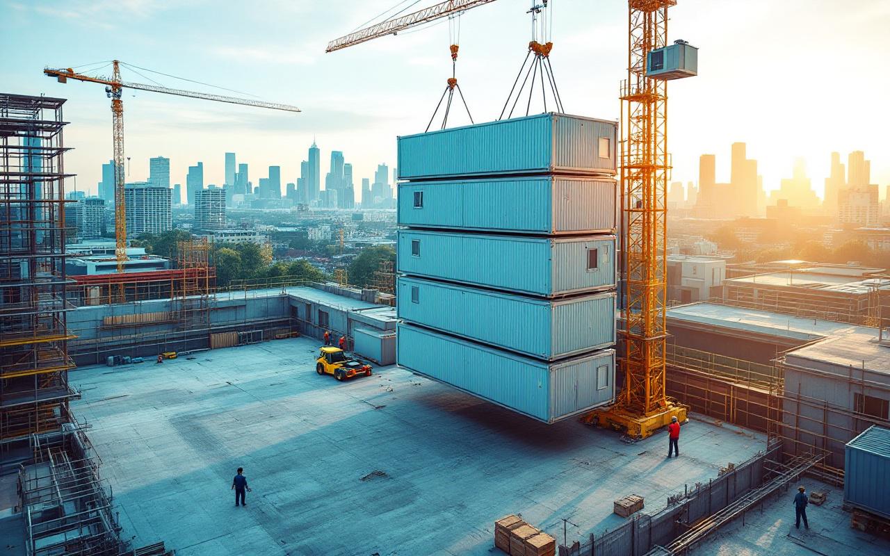 Unit&eacute;s modulaires empil&eacute;es sur un chantier urbain, une grande grue les soul&egrave;ve pour les positionner ; &eacute;chafaudages, ouvriers et mat&eacute;riel autour, ciel clair en fin d'apr&egrave;s-midi avec lumi&egrave;re douce, tons bleus et verts dominants.